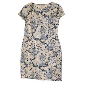 Talbots Pure Silk Old Money Sheath Dress Floral Sz 10 Quiet Luxury Blk Beige